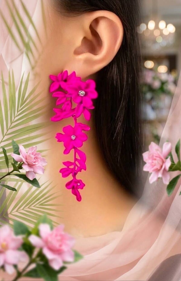 Vibrant Hot Pink Cascading Floral Drop Statement Earrings