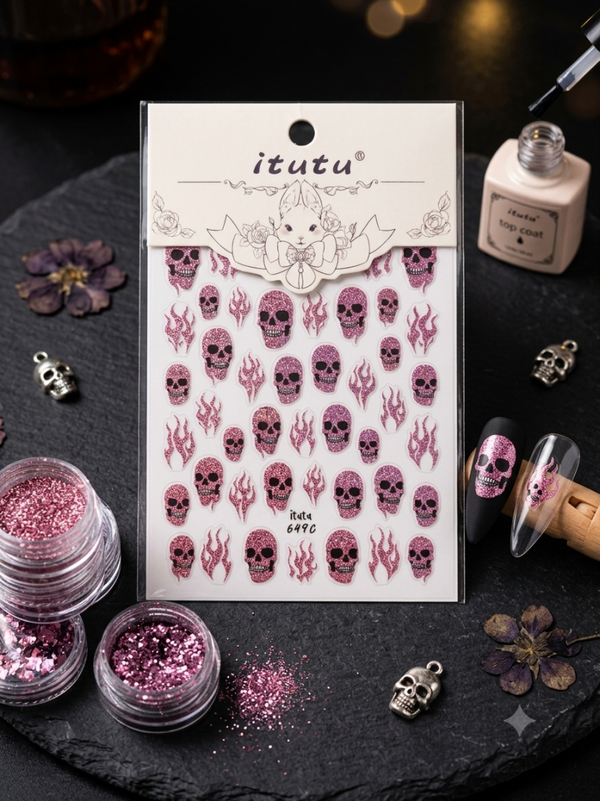 Pink Glitter Skulls & Flame Nail Art Decals / Stickers (Brand: itutu, Style 6490)