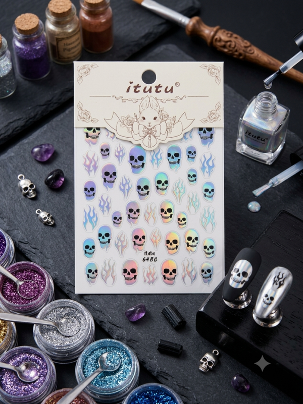 Holographic Silver Skulls & Flame Nail Art Decals / Stickers
