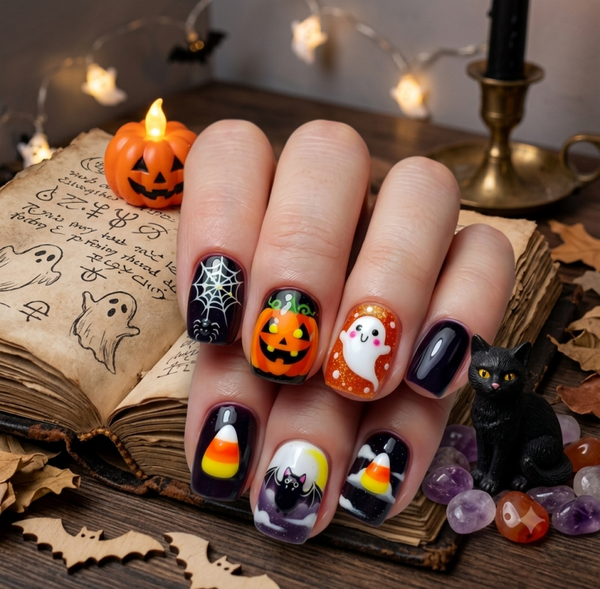 24 pack Spooky Halloween Press-On Nails Set - Jack-o'-Lanterns, Cute Ghosts, Bats, Spiderwebs & Candy Corn