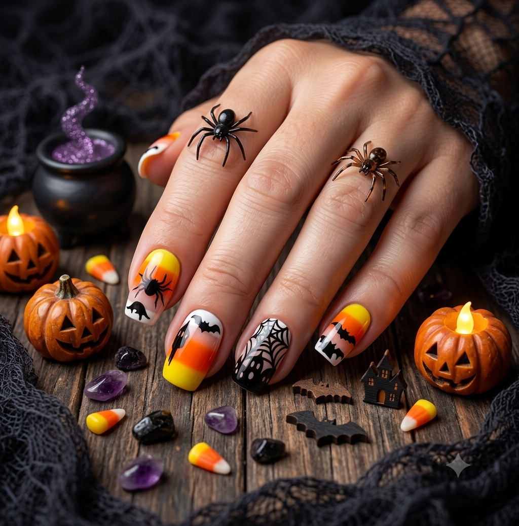 24 pack Spooky Candy Corn Halloween Press-On Nails Set - Flying Bats, Spiders & Haunted House Web Art