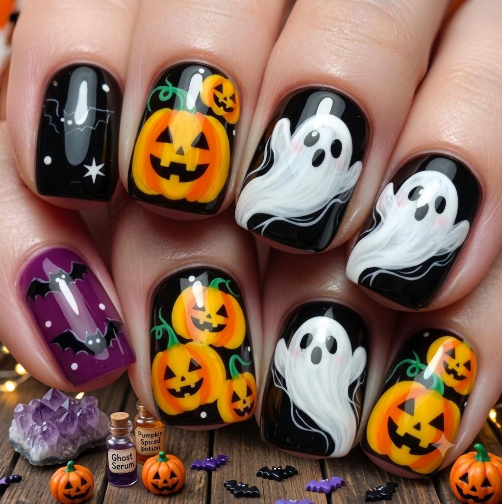 24-Pack Spooky Halloween Press-On Nails Set - Glowing Jack-o'-Lanterns, Floating Ghosts & Purple Bat Art