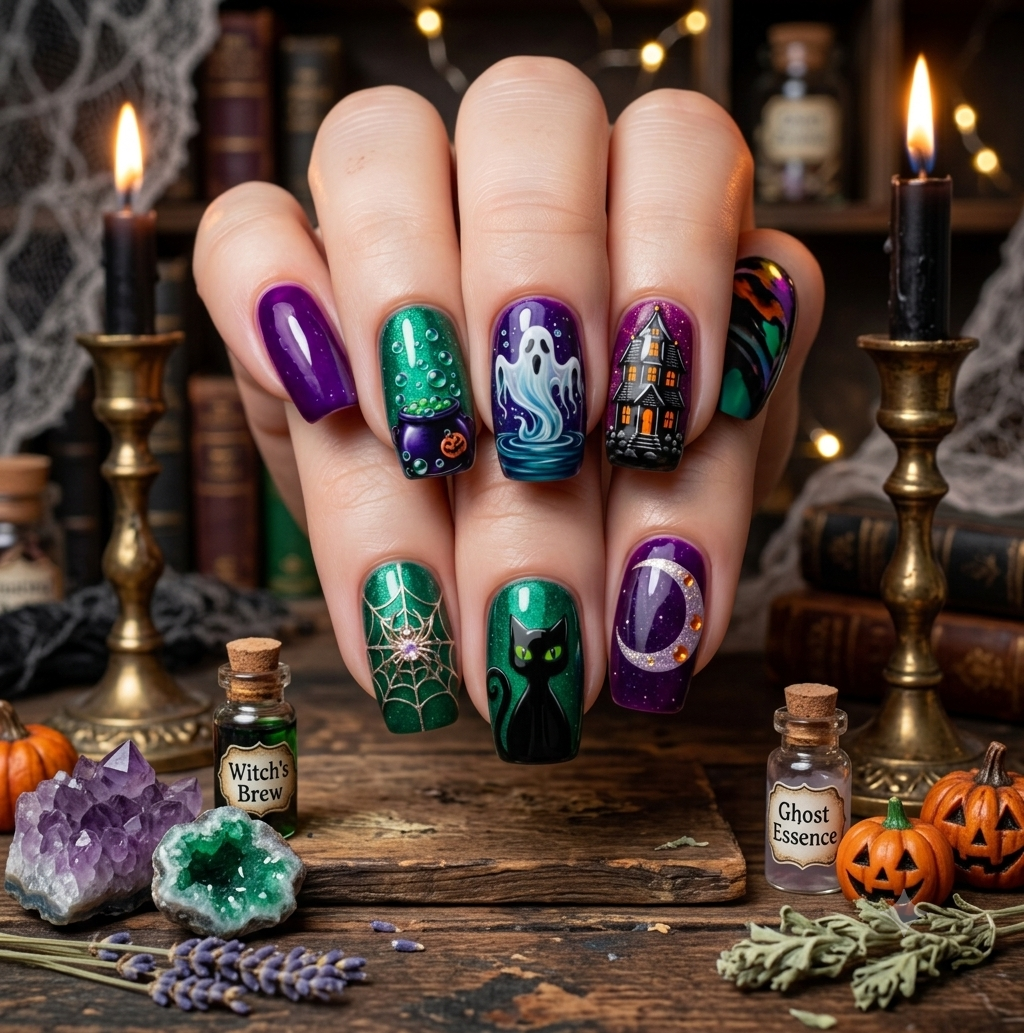 24-Pack Witchy Halloween Press-On Nails Set - Bubbling Cauldron, Haunted House, Black Cat & Crescent Moon