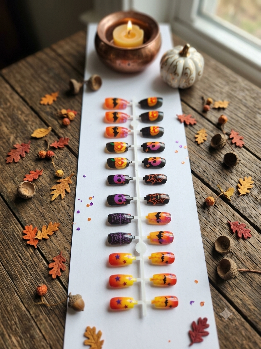 24-Pack Spooky Night Halloween Press-On Nails Set - Flying Bats, Jack-o'-Lanterns, Skulls & Spiderwebs