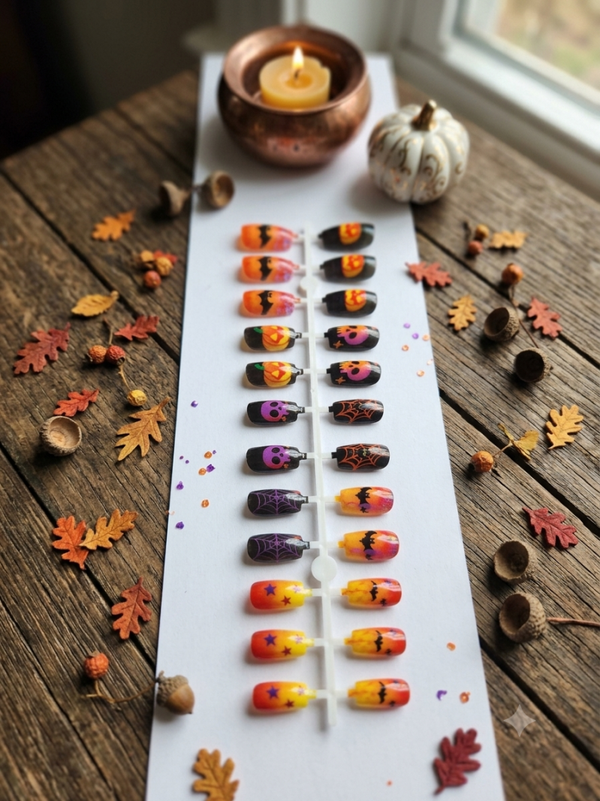 24-Pack Spooky Night Halloween Press-On Nails Set - Flying Bats, Jack-o'-Lanterns, Skulls & Spiderwebs