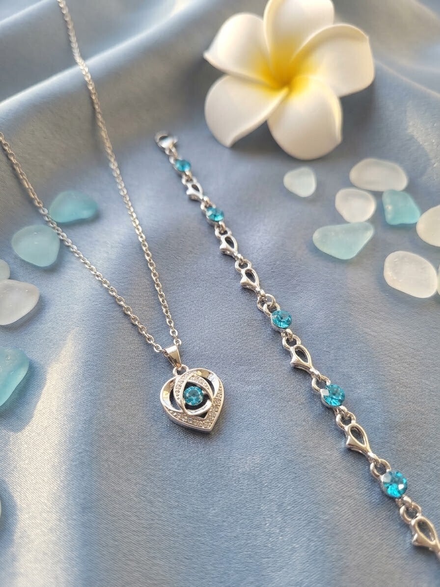 Stainless Steel Aqua Blue CZ Open Heart Pendant Necklace & Matching Link Bracelet Set
