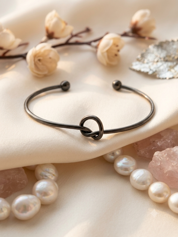 Gunmetal Love Knot Open Cuff Bangle – Minimalist Tied Knot Bracelet