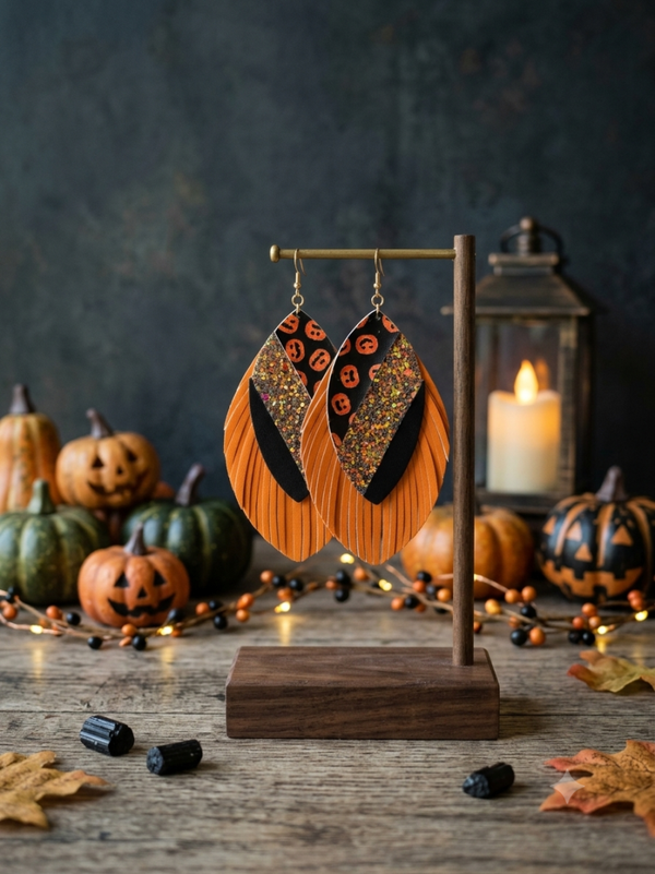 Stacked Halloween Faux Leather Earrings – Pumpkin & Glitter Trio Dangle