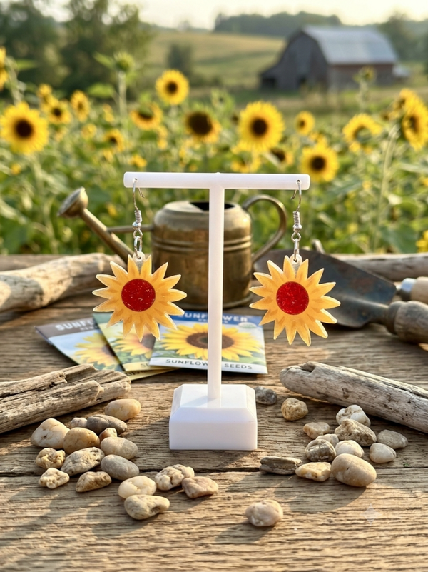 Sunlit Glitter Sunflower Dangle Earrings – Festive Floral Summer Jewelry