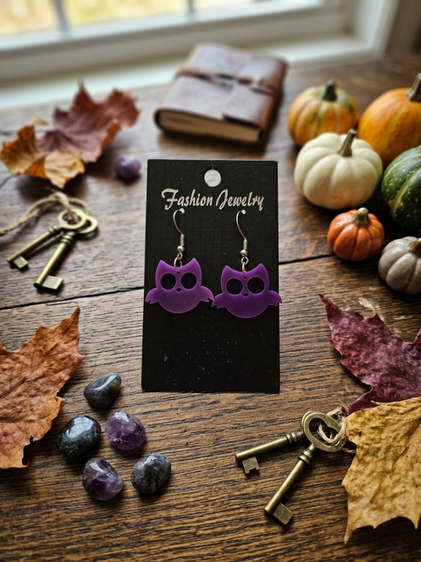 Mystic Purple Owl Dangle Earrings – Halloween & Autumn Acrylic Jewelry