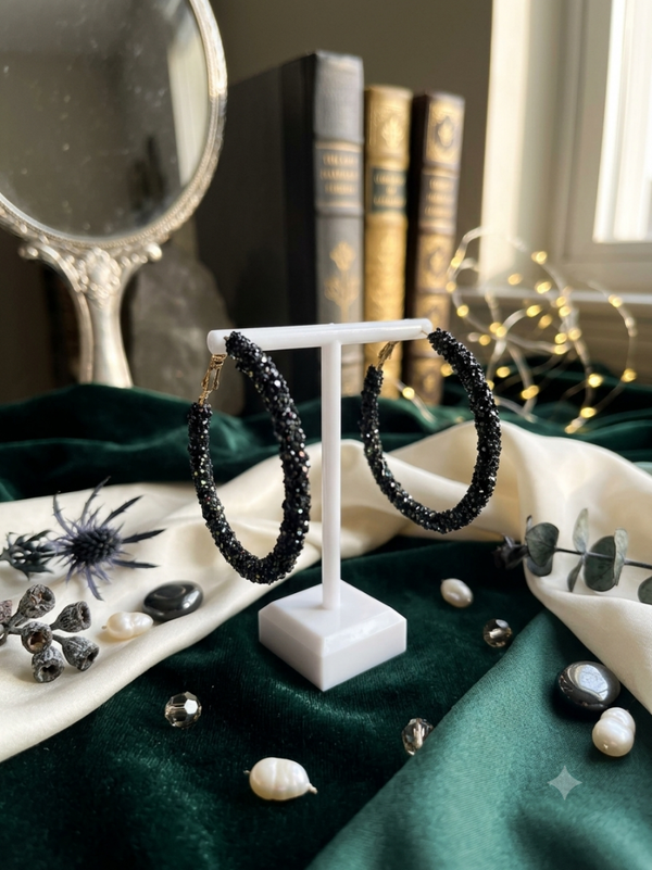 Midnight Shimmer Black Glitter Hoop Earrings – Glam Statement Jewelry