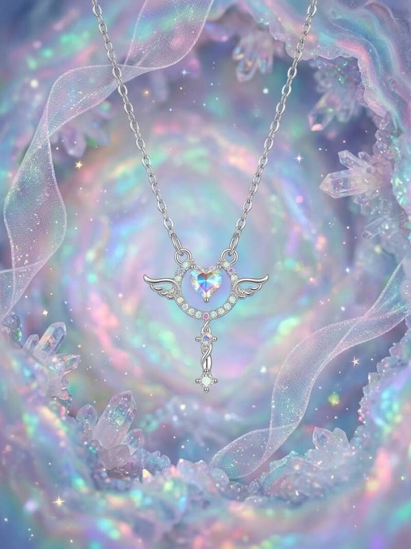 Iridescent Crystal Heart Winged Scepter Pendant Necklace