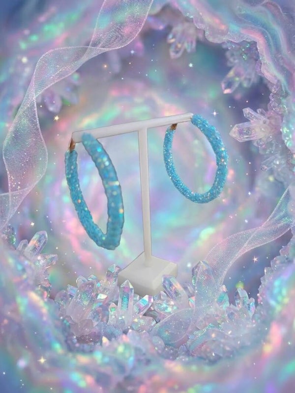 Sparkling Blue Drusy Texture Hoop Earrings on Stand