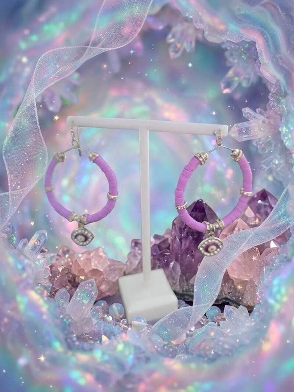 Lavender Polymer Clay Heishi Hoop Earrings with Silver-Tone Accents & Evil Eye Charms