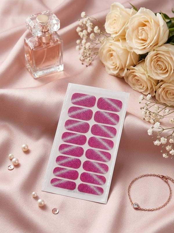 Hot Pink Cat Eye Glitter Nail Polish Strips | Magenta Shimmer Full Nail Wraps
