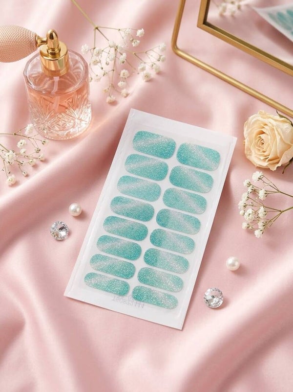 Teal Mint Cat Eye Glitter Nail Polish Strips | Aqua Shimmer Full Nail Wraps