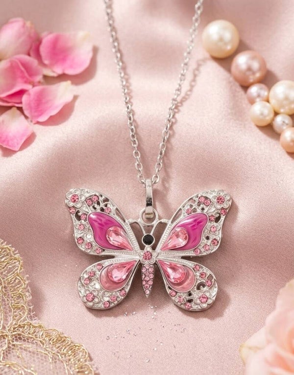Sparkling Pink Crystal & Enamel Butterfly Statement Pendant Necklace – Silver Chain