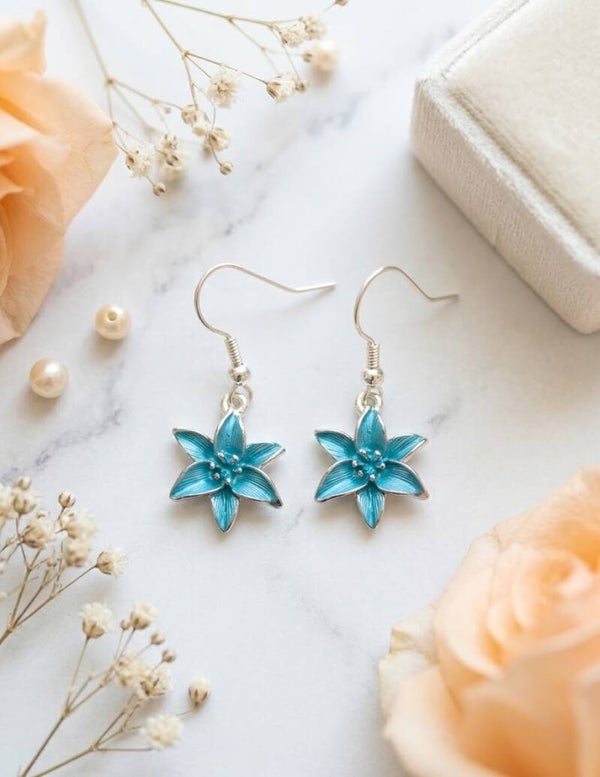Coastal Romance Blue Flower Enamel Dangle Earrings | Silver Floral Jewelry
