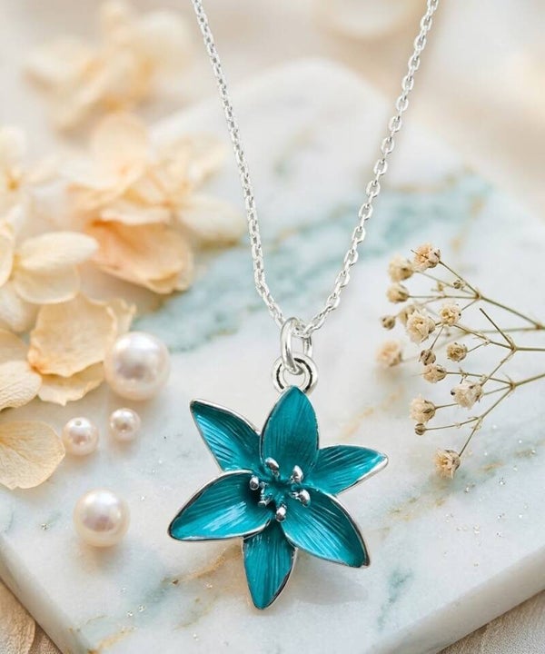 Ocean Breeze Teal Flower Enamel Charm Necklace | Silver Botanical Jewelry