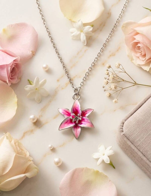 Garden Romance Hand-Painted Pink Lily Blossom Charm Necklace