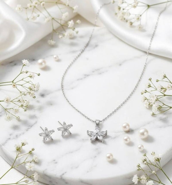 Elegant Crystal Floral Pendant Necklace & Stud Earrings Set – Silver Tone