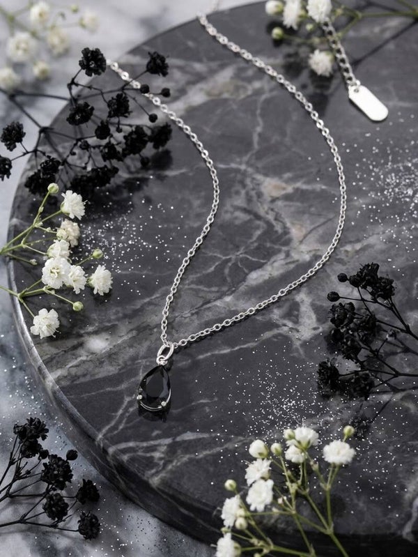 Midnight Sparkle Black Onyx Style Teardrop Pendant Silver Necklace