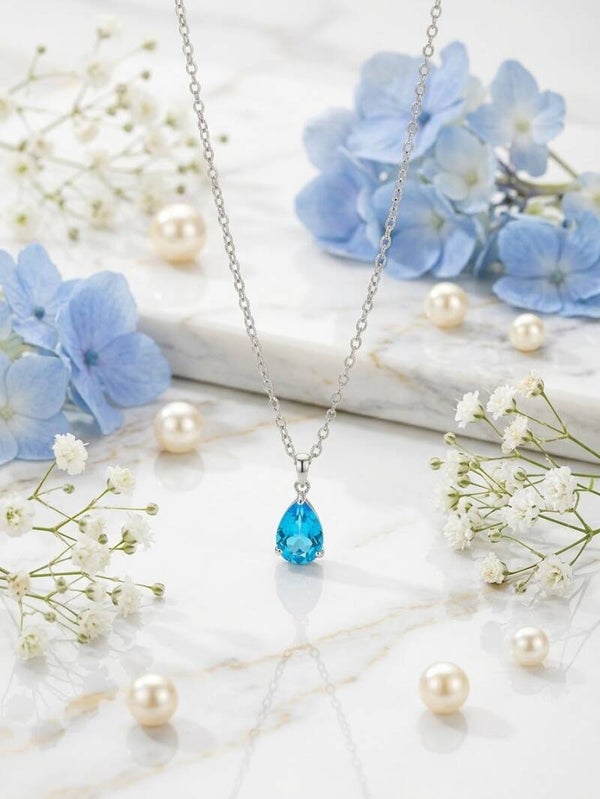Vibrant Swiss Blue Topaz Pear-Cut Teardrop Pendant Necklace – Silver Chain