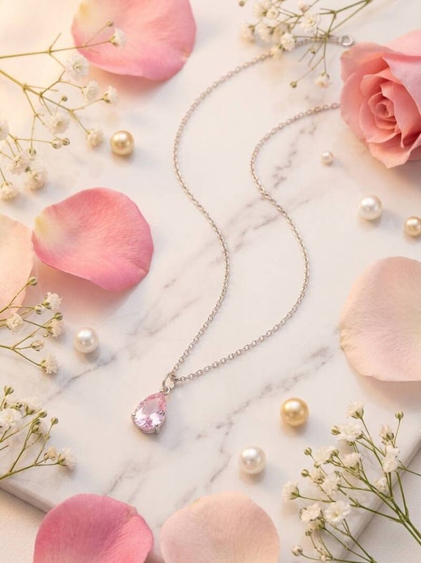 ​Romantic Pear-Cut Pink Pendant Silver Necklace
