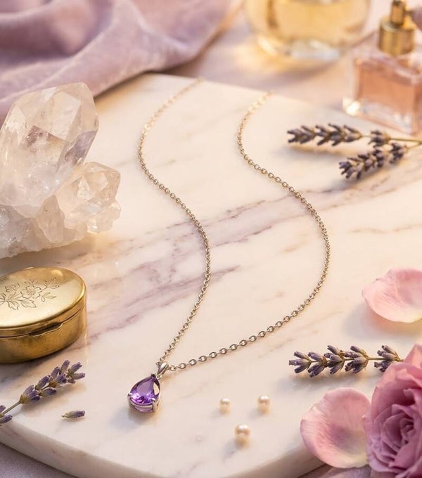 Elegant Pear-Cut Amethyst Teardrop Pendant Necklace – Silver/Light Gold Chain