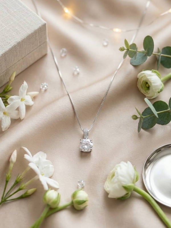 Silver-Tone Round Solitaire Cubic Zirconia Pendant Necklace with Micro-Pavé Bail