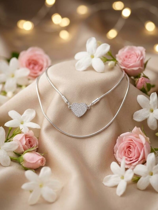 Silver-Tone Layered Double Snake Chain Necklace with Pavé CZ Magnetic Heart Clasp