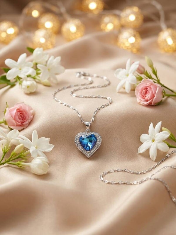 Silver-Tone Royal Blue Heart Cut Crystal Halo Pendant Necklace (Titanic "Heart of the Ocean" Style)