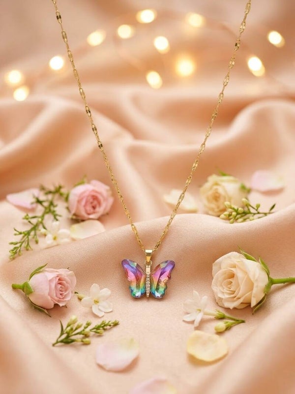 Gold-Tone Iridescent Rainbow Glass Butterfly Pendant Necklace with CZ Accents