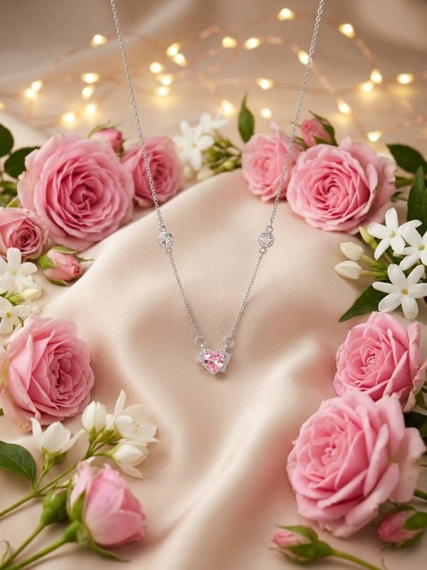 Silver Tone Pink Heart Cut CZ Pendant Necklace with Station Accents & Micro-Pavé Frame