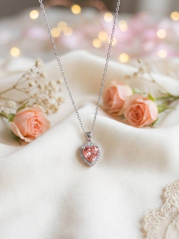 Romantic Pink Heart Crystal Halo Pendant Necklace – Silver Chain Jewelry