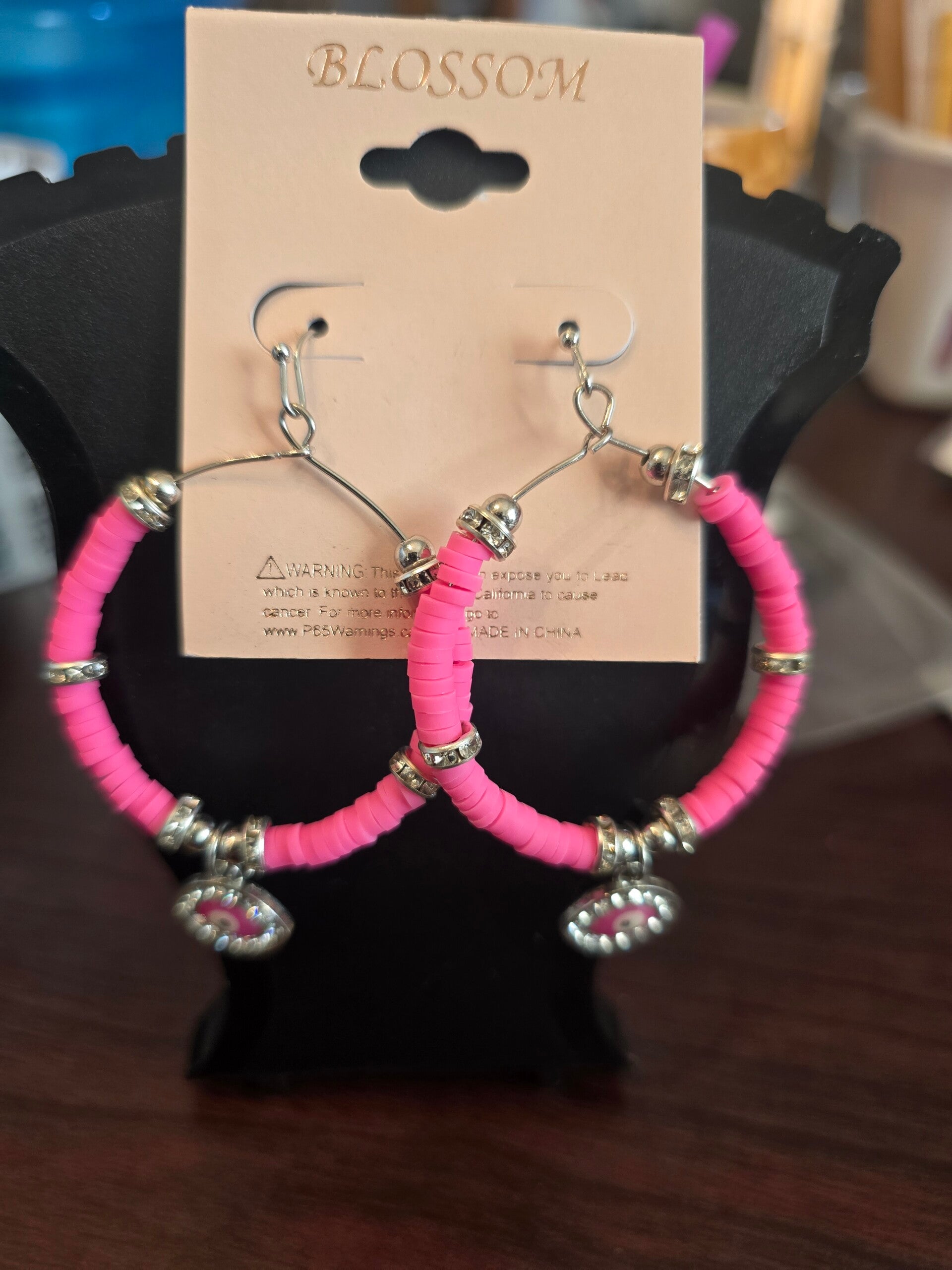 Pink evil eye silver hook earrings