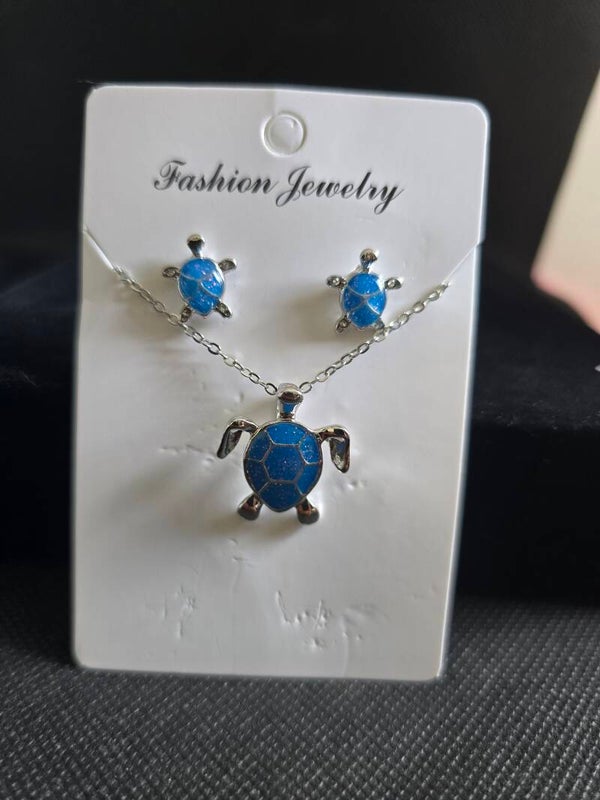 Blue turtle necklace earring set
