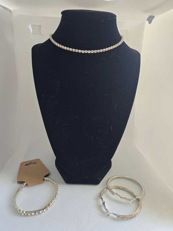 Sparkly Silver-Tone Rhinestone Choker and Encrusted Hoop Earrings Set