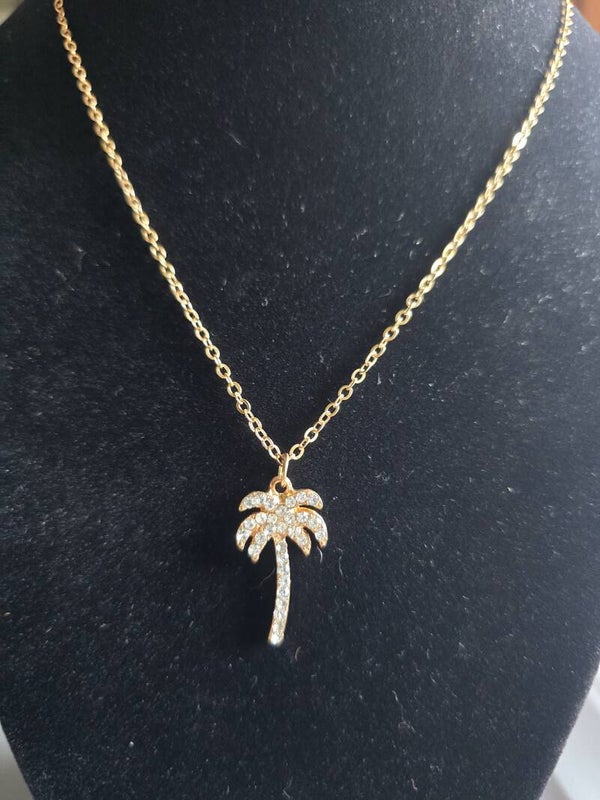 Sparkling Gold-Tone CZ Palm Tree Pendant Necklace
