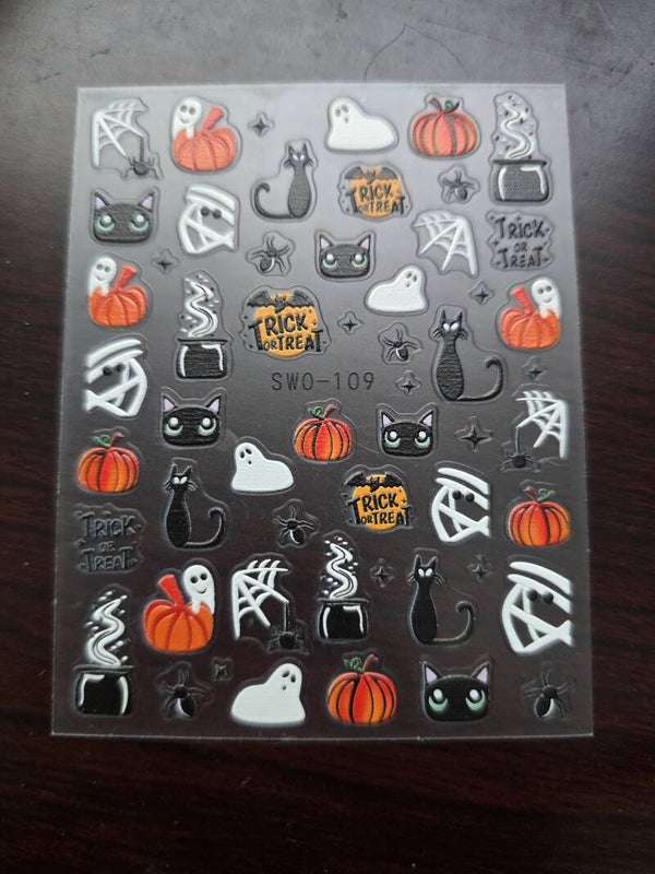 Halloween Nail Art Decals Sheet - Black Cats, Pumpkins, Ghosts, Cobwebs & Cauldron Stickers