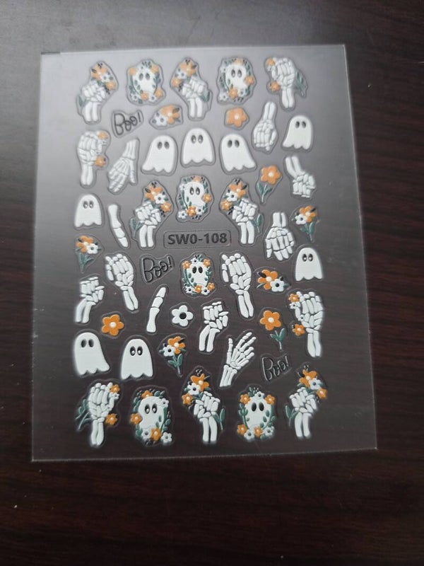 Halloween Floral Skeleton Hands & Cute Ghosts Nail Art Decals Sheet - "Boo!" Stickers