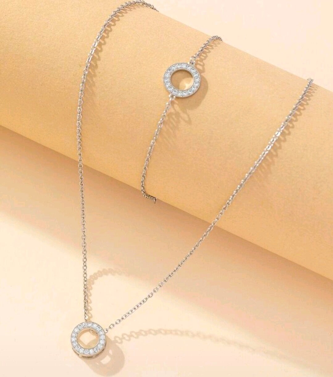 3-Piece Stainless Steel Cubic Zirconia Circle Set (Necklace, Bracelet & Stud Earrings)