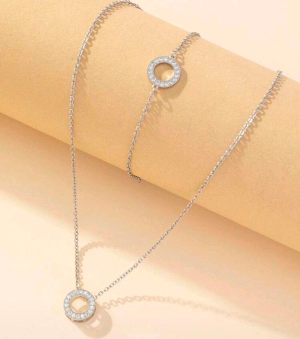 3-Piece Stainless Steel Cubic Zirconia Circle Set (Necklace, Bracelet & Stud Earrings)