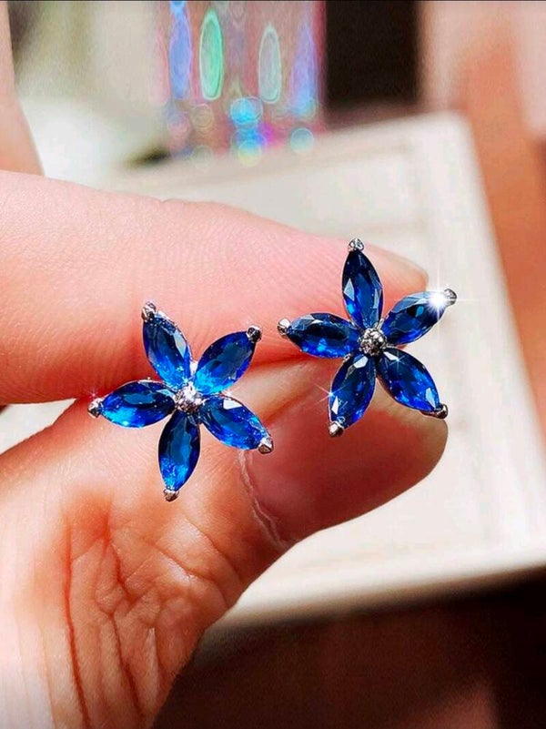 ​💙 Elegant Sapphire Blue CZ Flower Necklace & Earrings Set