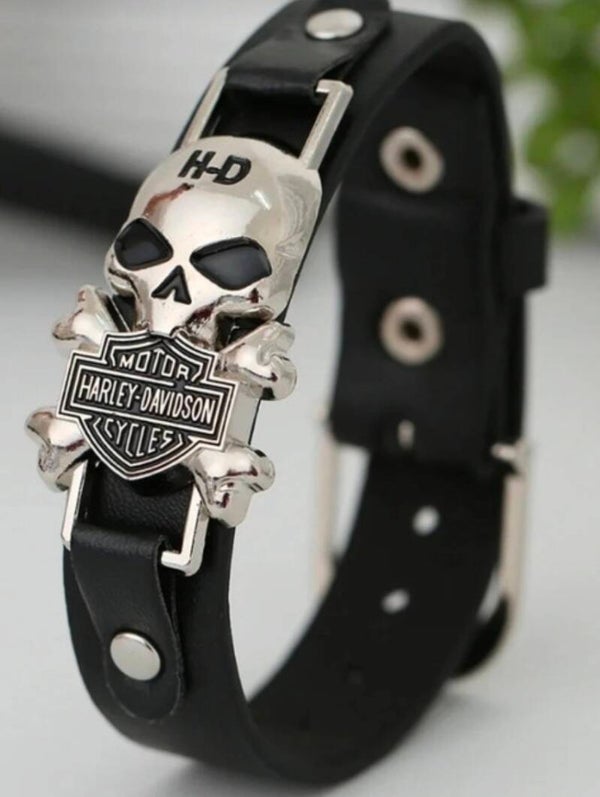 ​🏍️ Men's Harley-Davidson Skull Black Leather Strap Bracelet
