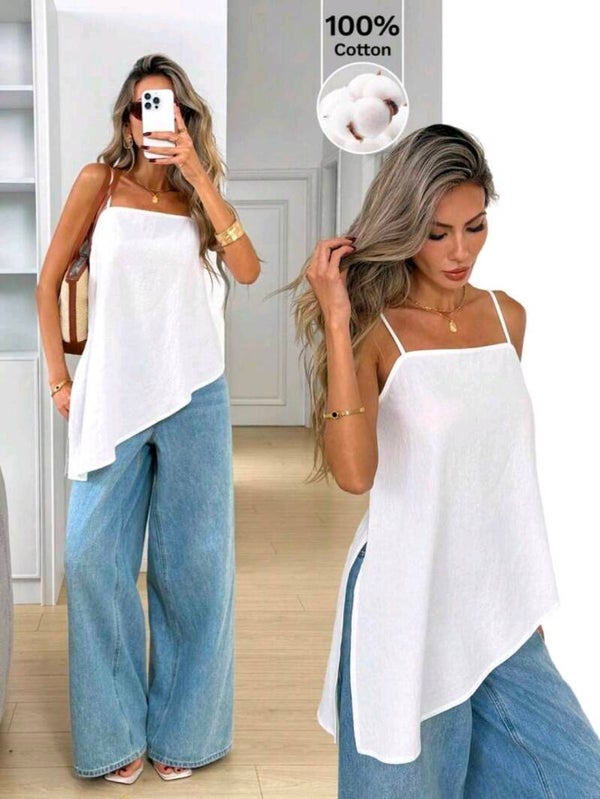 Modern 100% Cotton Asymmetrical Hem Cami – Breathable White Summer Tunic