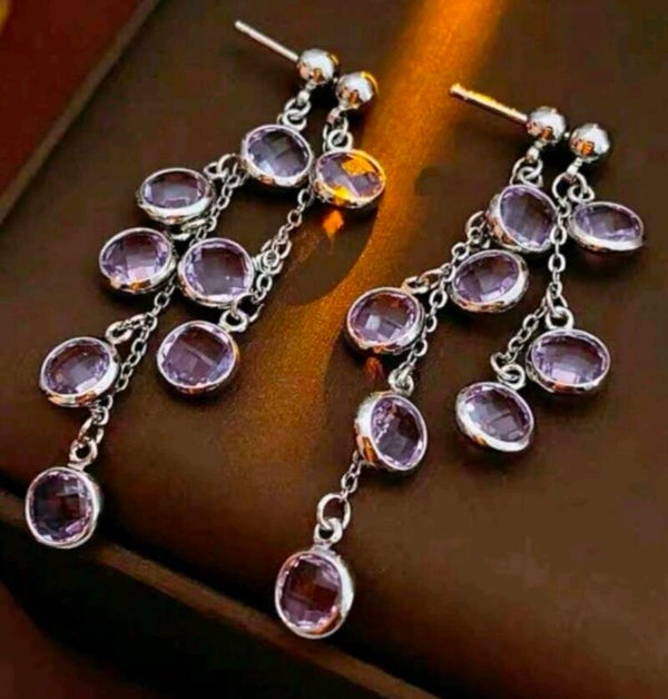 Lavender Jacket Style Crystal Multi-Strand Drop Earrings - Silver Chandelier Fringe - Boho Glam Statement Jewelry