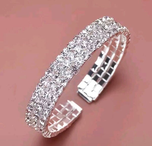 ​✨ Glamorous Triple-Row CZ Rhinestone Cuff Bracelet