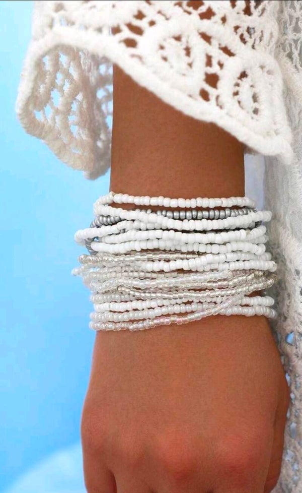 Boho silver and white beaded bracelets