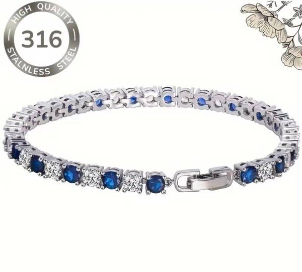 Elegant 316L Stainless Steel Alternating Blue & Clear CZ Diamond Tennis Bracelet